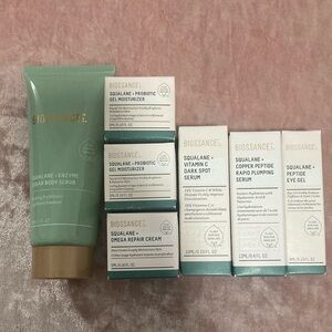 Biossance travel size moisturizers, serums, eye gel and sugar body scrub